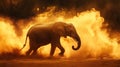 Young elephant walking through golden dust cloud at sunset Royalty Free Stock Photo