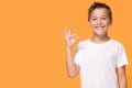 Young emotional little boy on orange studio background.