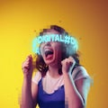 Contemporray artwork. Young emotive girl with neon lettering around pixel head isolated over yellow background in neon Royalty Free Stock Photo