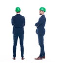 Young engineer in suit and helmet back and rear view isolated