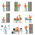 Young engineer working in network server room. Technician at the data center set of colorful Illustrations Royalty Free Stock Photo