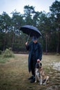 English man in stylish vintage coat and black hat walking in rainy forest with a dog. Royalty Free Stock Photo