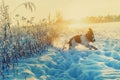 The young Springer Spaniel run on snow field Royalty Free Stock Photo