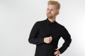 Young entrepreneur Generate Business Ideas. Close up of thinking Man in black shirt isolated with copy space. Self improvement Royalty Free Stock Photo