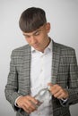 Young entrepreneur wearing a suit jacket and open neck shirt Royalty Free Stock Photo