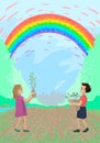 Volunteer gives plastic, the girl plants a sprout, nature and the plant behind, a rainbow over the field. Vector