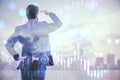 Young businessman on blurry city background with forex chart. Success, future and ceo concept. Double exposure Royalty Free Stock Photo
