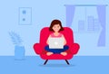 Young European girl sits on the chair with a laptop in living room. Remote work or online education concept. Vector illustra