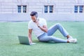 Young European Man studying, working in New York City Royalty Free Stock Photo