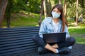 A young European student female wearing medical mask for protection from virus