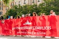 young european women march holding banner in protest against immigration policies and in support