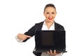 Young executive pointing to laptop screen Royalty Free Stock Photo