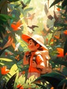 Young Explorer Amidst a Flock of Birds in the Jungle. Generative ai Royalty Free Stock Photo