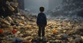 Young Eyes, Heavy Burden. Sad a kid standing looking at a lot of plastic wastes in. Generative AI Royalty Free Stock Photo