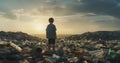 Young Eyes, Heavy Burden. Sad a kid standing looking at a lot of plastic wastes in. Generative AI Royalty Free Stock Photo