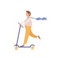 Young faceless man riding kick scooter, cartoon style teenager character pushes off scooter, flat vector illustration