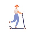 Young faceless modern woman riding kick scooter. Female character push off electric eco vehicle. Flat vector cartoon