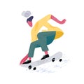 Young faceless skateboarder riding skateboard. Modern male skater with skate board. Extreme summer sport. Flat textured