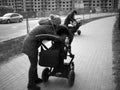 Young families with children in strollers for a walk Royalty Free Stock Photo