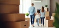 young family with child moving in new home. room full with cardboard boxes. banner