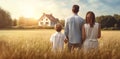 young family with child standing in golden cereal field looking at their new country home, rear view. banner with copy space