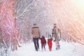 Young family with children are walking in the winter park. Winte Royalty Free Stock Photo