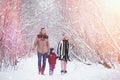 Young family with children are walking in the winter park. Winte Royalty Free Stock Photo