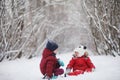 Young family with children are walking in the winter park. Winte Royalty Free Stock Photo