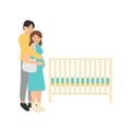 Young family choosing baby crib in kids store. Pregnant shopping flat vector illustration Royalty Free Stock Photo