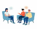 Young family couple characters talking to female psychologist about their problems, psychotherapy counseling Royalty Free Stock Photo