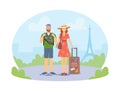 Young Family Couple Traveling, Male and Female Characters Abroad with Photo Camera and Bags. Summer Travel, France Trip