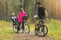 family cycling on forest trail with kid in bike child seat. active sports outdoor recreation