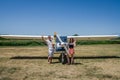 A young family father, mother and daughter in the cabin of a light aircraft Royalty Free Stock Photo