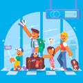 Young family. Father mother, son and daughter at the airport. Vector illustration Royalty Free Stock Photo