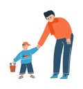 Young family. Father and son spend time together. Cartoon child and parent hold hands. Kid plays with sand bucket and Royalty Free Stock Photo