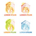 Young family at home, isolated vector. New house, own house icon set, housewarming logo, flat Royalty Free Stock Photo