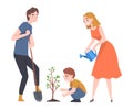 Young Family with Kid Planting Tree Sapling and Watering It Vector Illustration