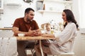 young family with little cute son on kitchen in morning happy smiling, lifestyle people concept Royalty Free Stock Photo