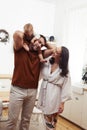 young family with little cute son on kitchen in morning happy smiling, lifestyle people concept Royalty Free Stock Photo