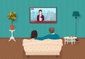 Young family man and women watching TV daily news program together in the living room. Vector illustration.