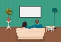 Young family man and women watching TV program together in the living room. Vector illustration.