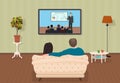 Young family man and women watching TV training tutorial program together in the living room. Vector illustration. Royalty Free Stock Photo