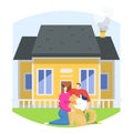 Young family near own private house, character mom dad daughter and dog sitting green lawn flat vector illustration