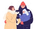 Young family outdoors in winter, man holding baby and hugging his wife Royalty Free Stock Photo