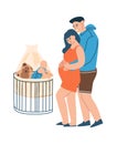 Young family. Young parents expecting childbirth. Isolated cartoon hugging couple and toddler in cradle. Pregnant woman