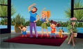 Young family practicing training, yoga, asanas and poses together in beautiful interior with plants. Cartoon abstract illustration