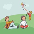 Young family relax outdoor, kid launch a kite. Cartoon style vector illustration, simply editable set Royalty Free Stock Photo