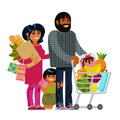Young family with shopping bags and trolley cart. Cartoon flat characters. Royalty Free Stock Photo