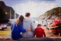 Young family with small kids on a harbor Royalty Free Stock Photo