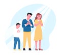 Young family stands with arms crossed and says prayer. Faithful mother and father praying together with child Royalty Free Stock Photo